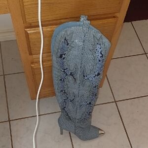 Designer Blue Snakeskin Knee-High Boots